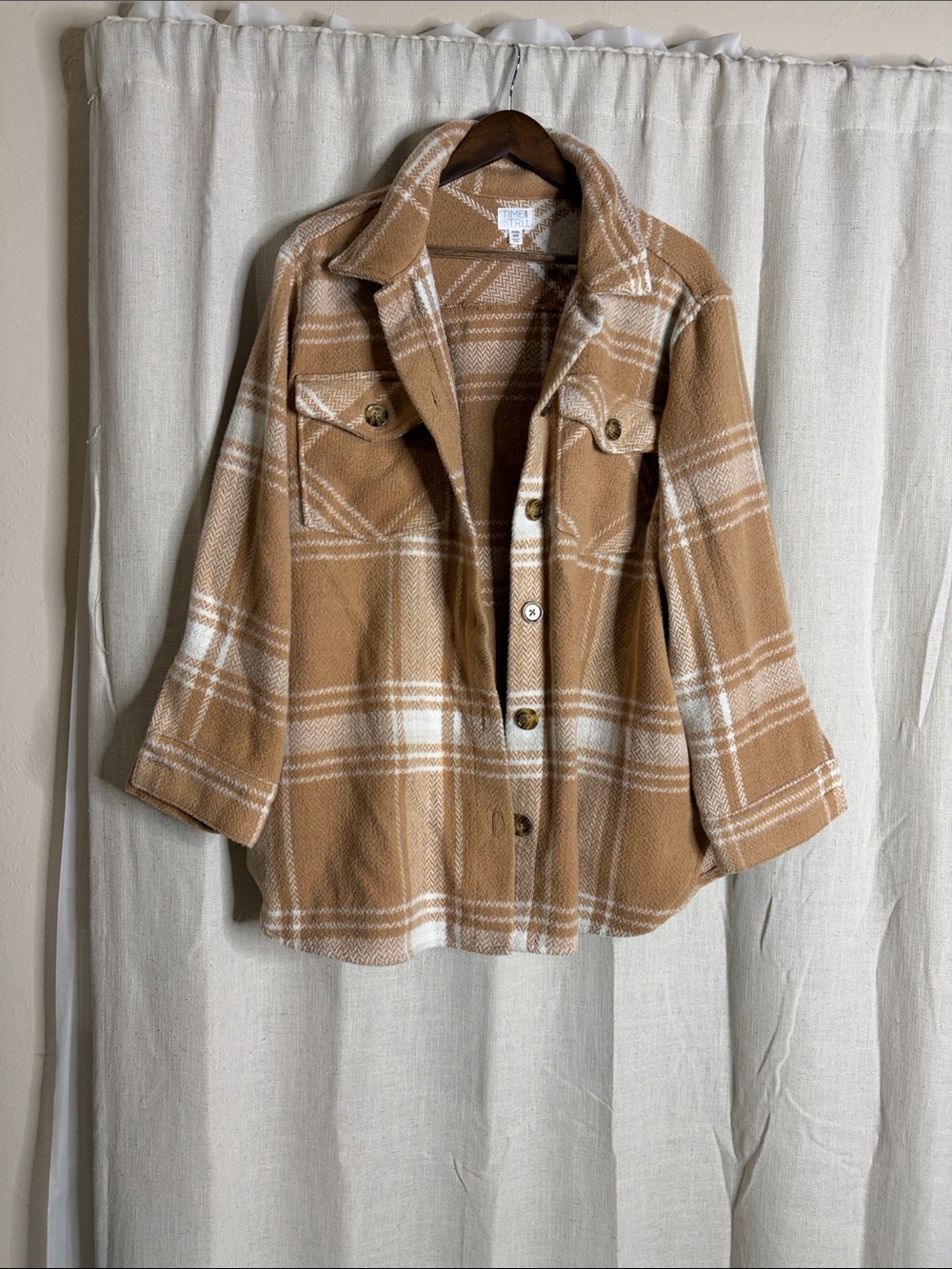 Time and Tru Camel and White Plaid Coatigan